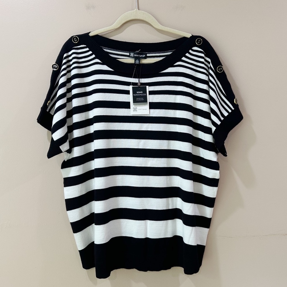 Cable & Gauge Soho Seasonless Striped Knit Top Short Sleeve Button Shoulder XL